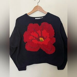 Vintage 100% Cotton Floral Poppy Hand-Knit Sweater 90s Navy Blue Red PinkM/L